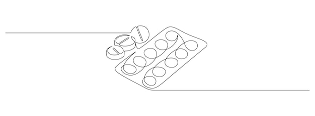 Vetor um desenho de linha contínua de medicamento com pílulas componentes farmacêuticos e cápsulas em blister com símbolos de drogas em estilo linear simples curso editável contour ilustração vetorial