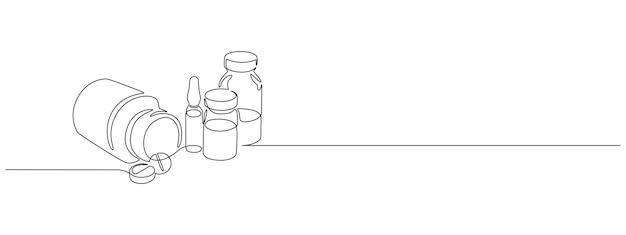 Um desenho de linha contínua de medicamento com pílulas componentes farmacêuticos e cápsulas em recipiente com símbolos de drogas em estilo linear simples curso editável contorno ilustração vetorial