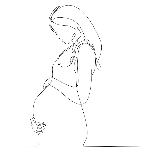 Um desenho de linha contínua de mulher grávida, jovem mãe feliz segurando sua barriga de grávida.