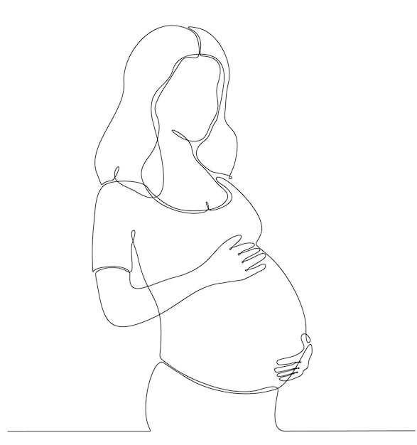 Um desenho de linha contínua de mulher grávida, jovem mãe feliz segurando sua barriga de grávida.