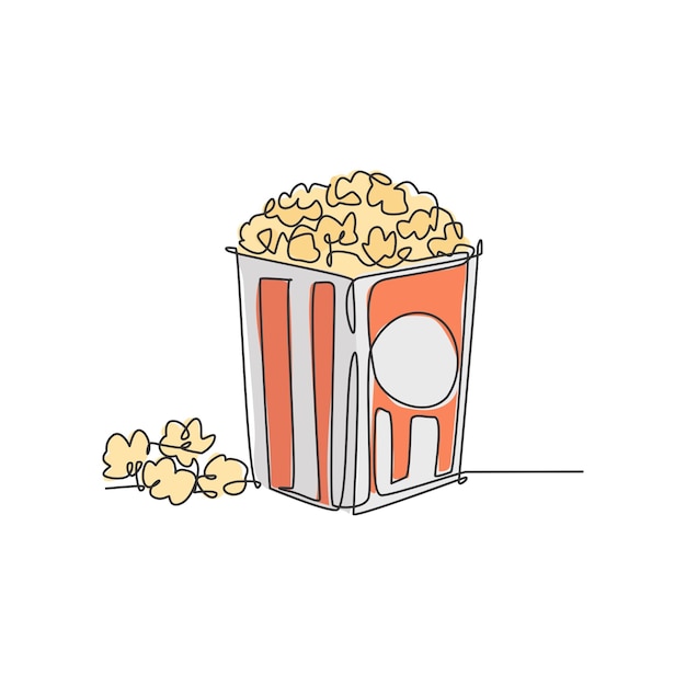 Um desenho de linha contínua de pipoca doce fresca e deliciosa com lanche de caixa de papel padrão despojado