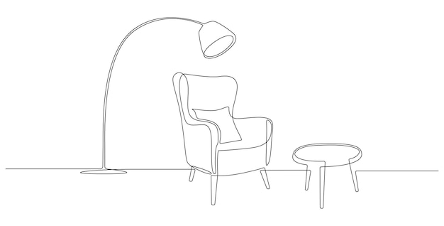 Um desenho de linha contínua de poltrona e lâmpada e planta em vaso mobiliário aconchegante rústico moderno para o interior da sala de estar em estilo linear simples ilustração em vetor doodle de traço fino editável