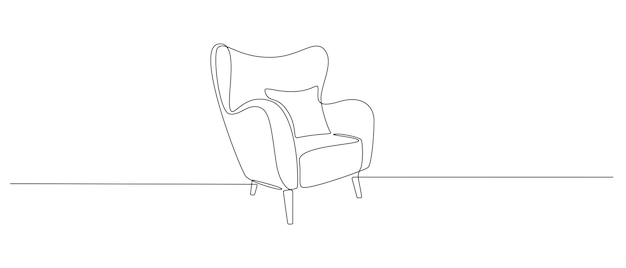 Um desenho de linha contínua de poltrona mobiliário rústico moderno para o interior da sala de estar em estilo linear simples curso editável doodle ilustração vetorial