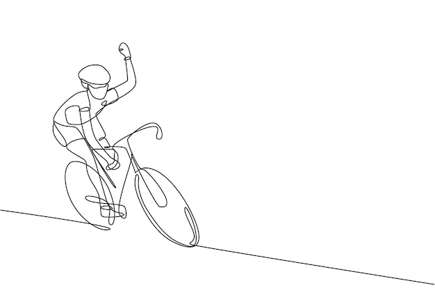 Um desenho de linha contínua de um jovem esportista ciclista acenando para apoiadores ciclista de estrada