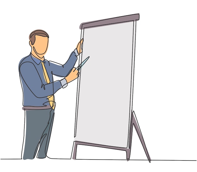 Um desenho de linha contínua de um jovem gerente escrevendo a fórmula de sucesso empresarial no flip chart
