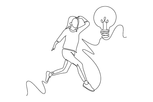 Um desenho de linha contínua de uma mulher perseguindo lâmpadas para encontrar ideias brilhantes