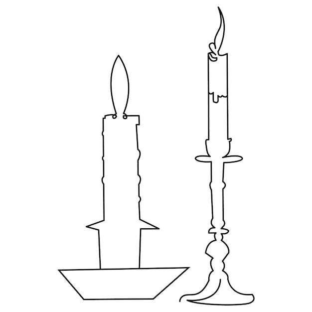 Um desenho de linha contínua de vela acesa e fogo ardente e luz de vela derretida no escuro