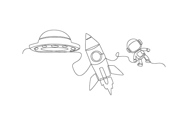 Um desenho de linha contínua do lançamento de uma nave espacial de foguete para o universo O espaço exterior e o conceito de universo minimalista do astronauta Desenho dinâmico de linha única Ilustração gráfica vetorial de desenho