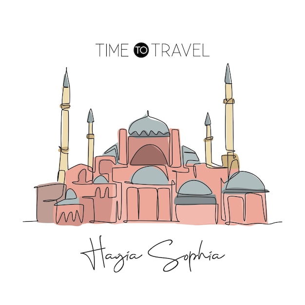 Um desenho de linha contínua mesquita hagia sophia marco icônico de beleza mundial em istambul turquia decoração de parede casa arte cartaz impressão conceito moderno desenho de linha única ilustração gráfica vetorial