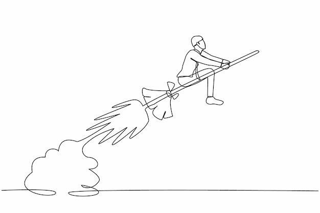 Um desenho de linha contínua, um empresário a montar um foguete de vassoura a voar no céu, um arranque milagroso.