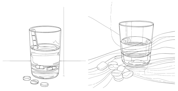 Vetor um desenho de linha contínua vaso com água e comprimidos