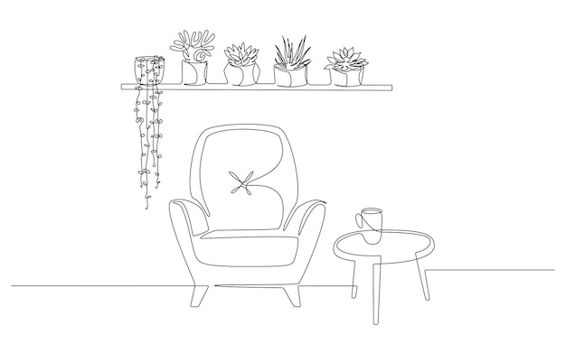 Um desenho de linha contínuo de poltrona e prateleira de parede com vasos de plantas e mesa. móveis escandinavos elegantes em estilo linear simples. ilustração em vetor doodle
