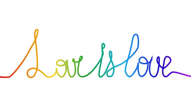 Um desenho de linha de citações love is love as cores da ilustração linear minimalista do arco-íris do conceito de amor de linha contínua