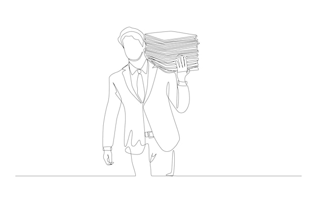 Um desenho de linha de um empresário carregando uma pilha de documentos no ombro conceito de excesso de trabalho