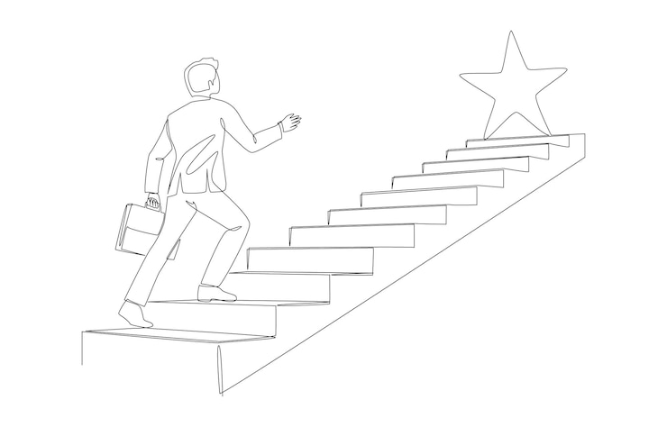 Vetor um desenho de linha de um empresário subindo escadas para alcançar a ambição de estrela para alcançar o sucesso na carreira