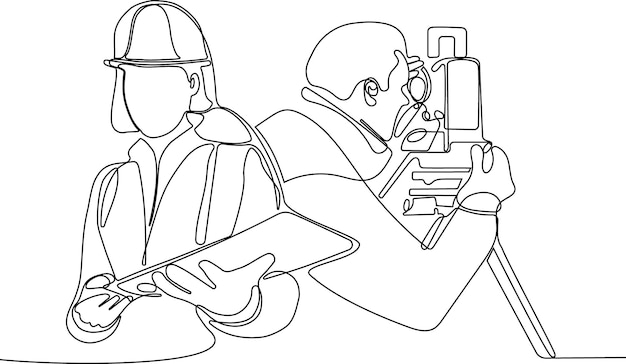 Um desenho de linha de um homem usando um capacete e um capacete está olhando para um microscópio.