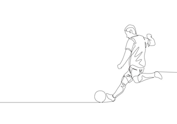 Um desenho de linha de um jovem atacante de futebol enérgico faz uma  cobrança de falta no jogo de futebol