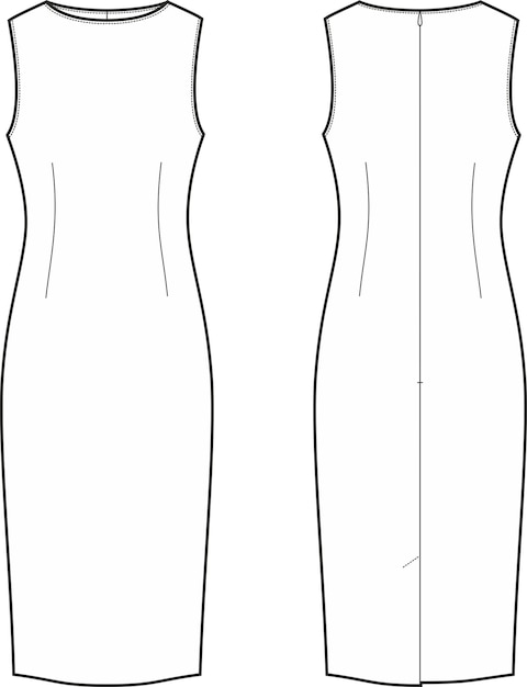 Vetor um desenho de linha de um vestido sem mangas frente e costas ilustração em vetor cad de moda