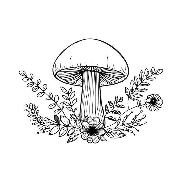 Vetor um desenho de linha preto e branco de um cogumelo com flores vector