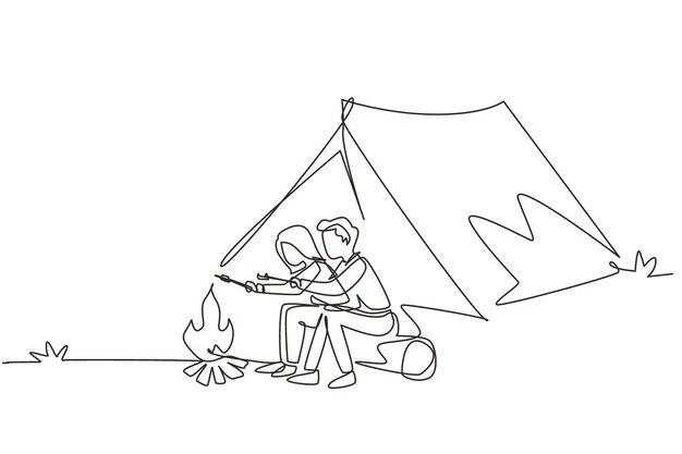 Um desenho de linha única de um casal feliz no acampamento de verão. Homem e mulher sentados à beira da lareira em um vetor de troncos.