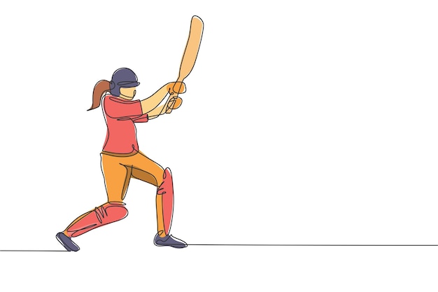 Um desenho de linha única de uma jovem e enérgica jogadora de críquete em pé e batendo no vetor da bola