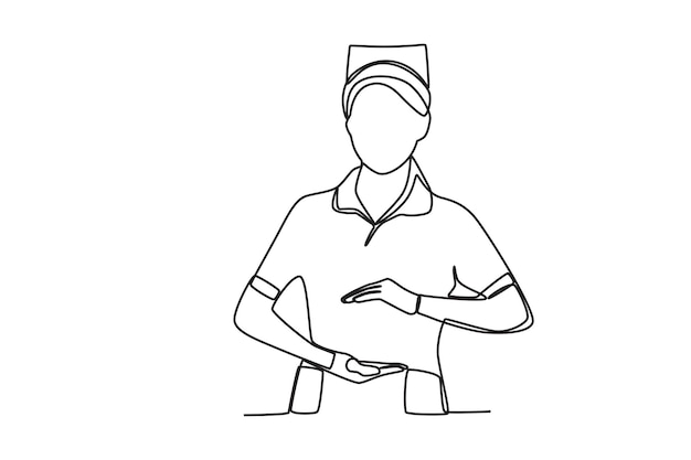 Um desenho de linha única de uma parteira medindo o tamanho do útero da paciente