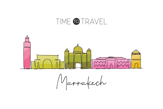 Um desenho de linha única do horizonte da cidade de marrakesh, marrocos vector de design de paisagem da cidade histórica