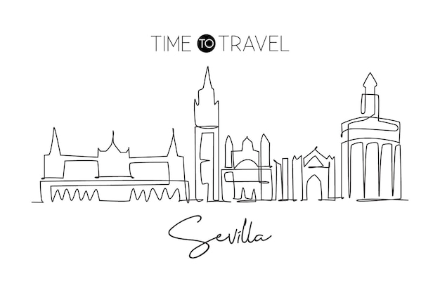 Um desenho de linha única do horizonte da cidade de sevilha, espanha vector de design de decoração de parede de arranha-céu histórico
