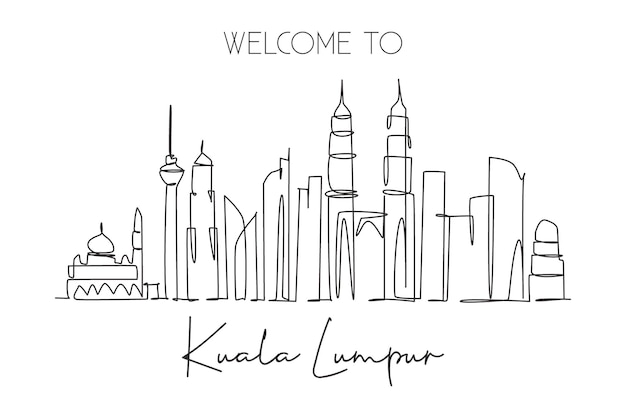 Um desenho de linha única do horizonte de kuala lumpur malásia paisagem no vetor de design mundial