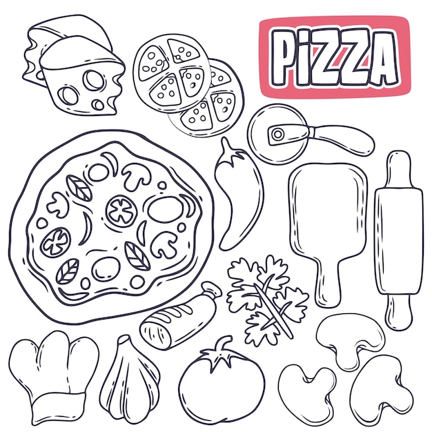 Um desenho de pizza e ingredientes para a pizza.