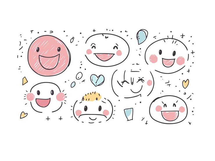 Vetor um desenho de rostos diferentes com um que diz feliz e feliz