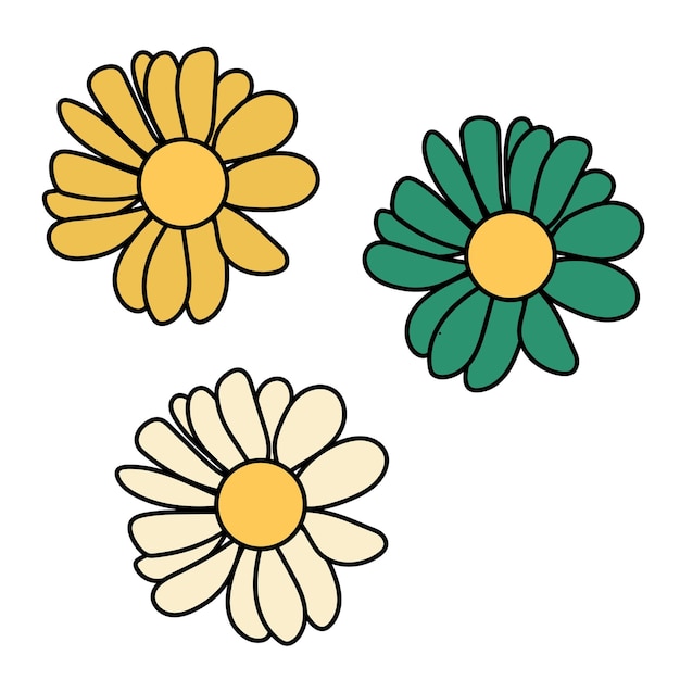 Um desenho de três flores com cores amarelas, verdes e brancas.