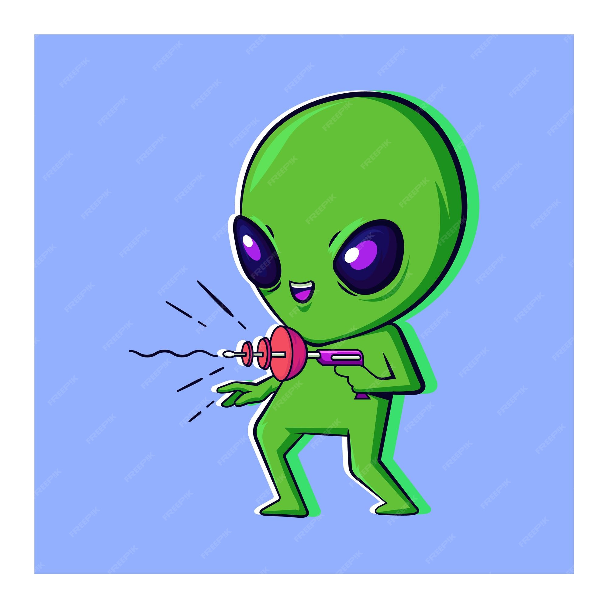 Um desenho de um alienígena verde com olhos roxos.