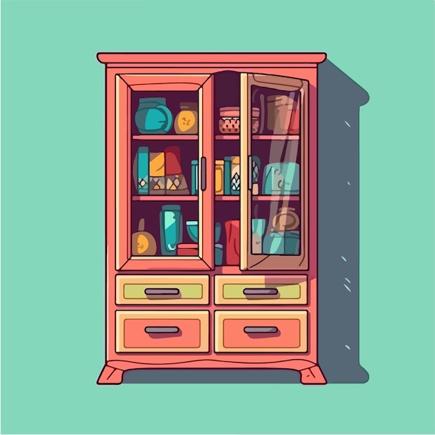 Um desenho de um armário de madeira com um monte de coisas nele.