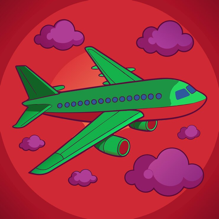 Vetor um desenho de um avião verde com nuvens roxas ao fundo