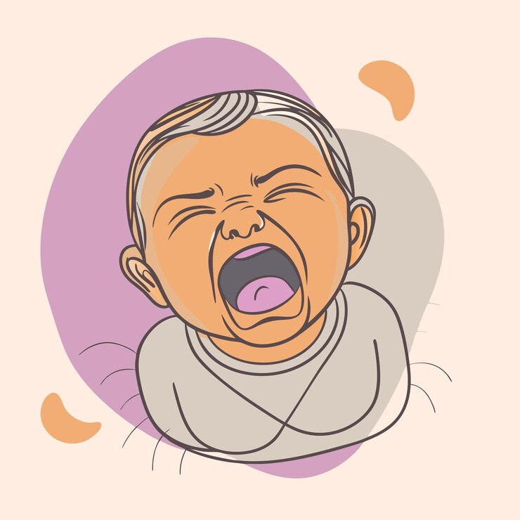 Vetor um desenho de um bebê chorando com uma etiqueta que diz bebê