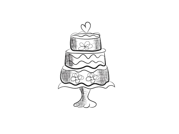 Um desenho de um bolo de casamento com um coração na parte superior