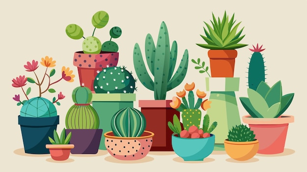 um desenho de um cacto em vaso e plantas em vaso