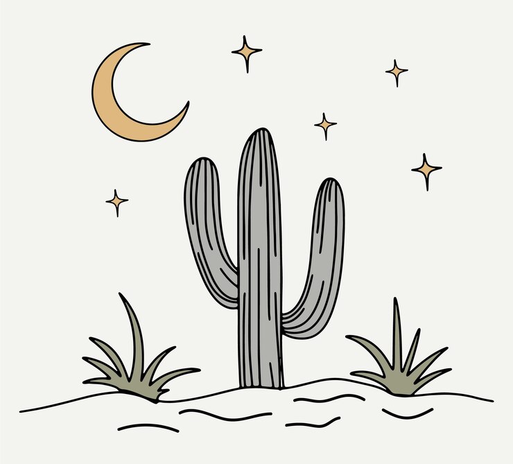 Um desenho de um cacto no deserto com uma lua e estrelas.