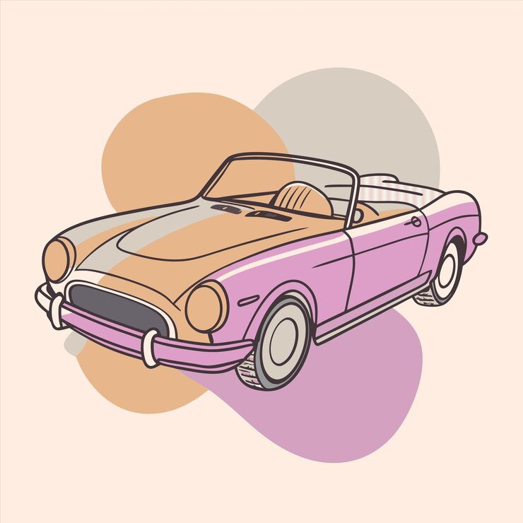 Vetor um desenho de um carro com um telhado rosa e um fundo rosa e roxo
