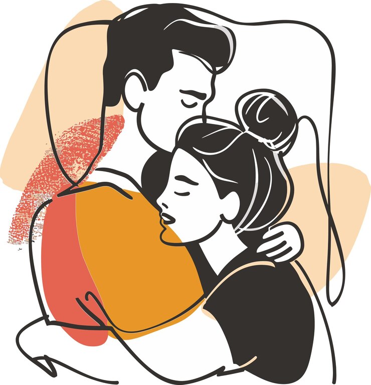 Vetor um desenho de um casal abraçando e um homem com um lenço ao redor do pescoço