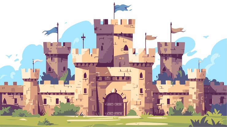Vetor um desenho de um castelo com um pássaro voando acima dele
