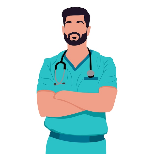 um desenho de um cirurgião médico masculino com ilustração vetorial de estetoscópio com fundo branco