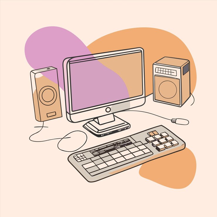 Vetor um desenho de um computador com uma imagem de um orador e um orador