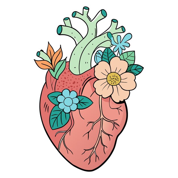 Um desenho de um coração com flores e um desenho de Um coração humano