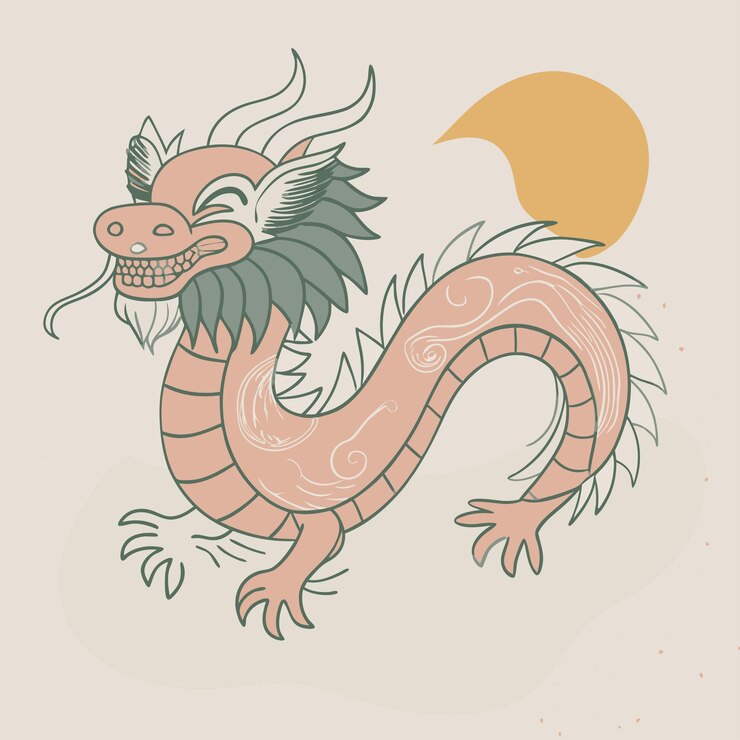 Vetor um desenho de um dragão com uma lua e o sol atrás dele