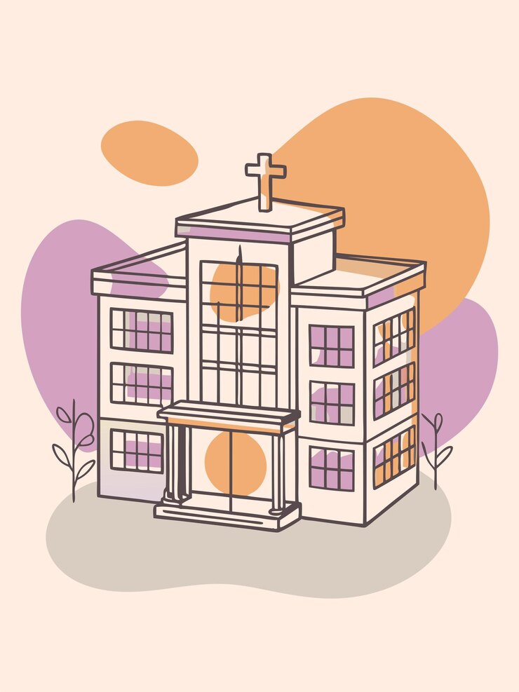 Vetor um desenho de um edifício com uma cruz no topo