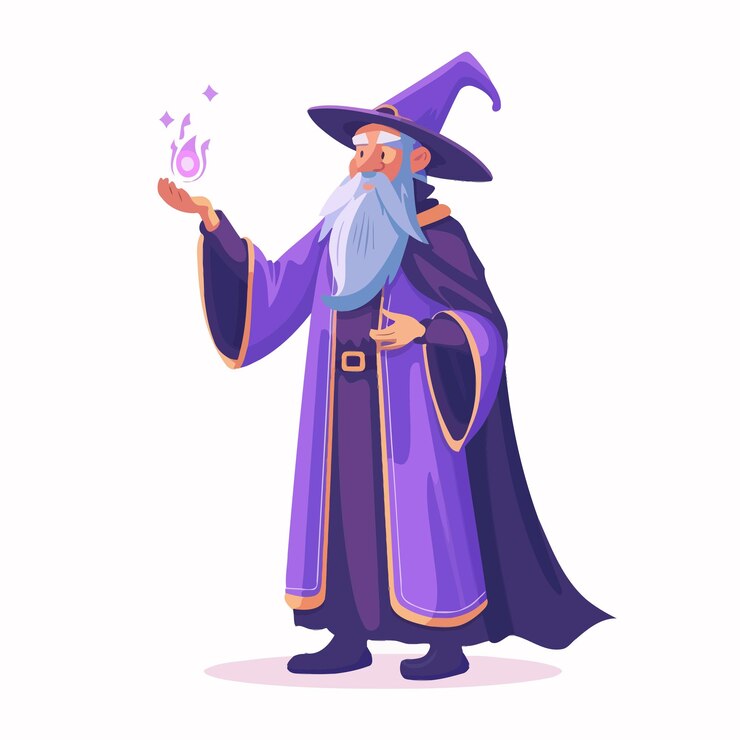 Vetor um desenho de um feiticeiro com um manto roxo e um mando roxo