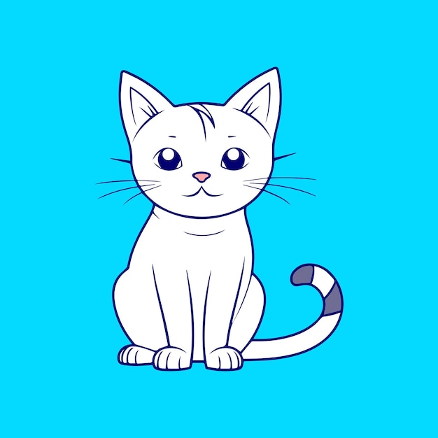 Um desenho de um gato branco com listras pretas sobre um fundo azul.