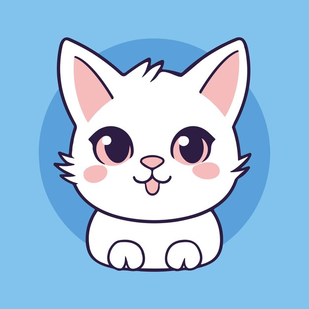 Vetor um desenho de um gato branco com olhos cor de rosa e um círculo azul na parte inferior.